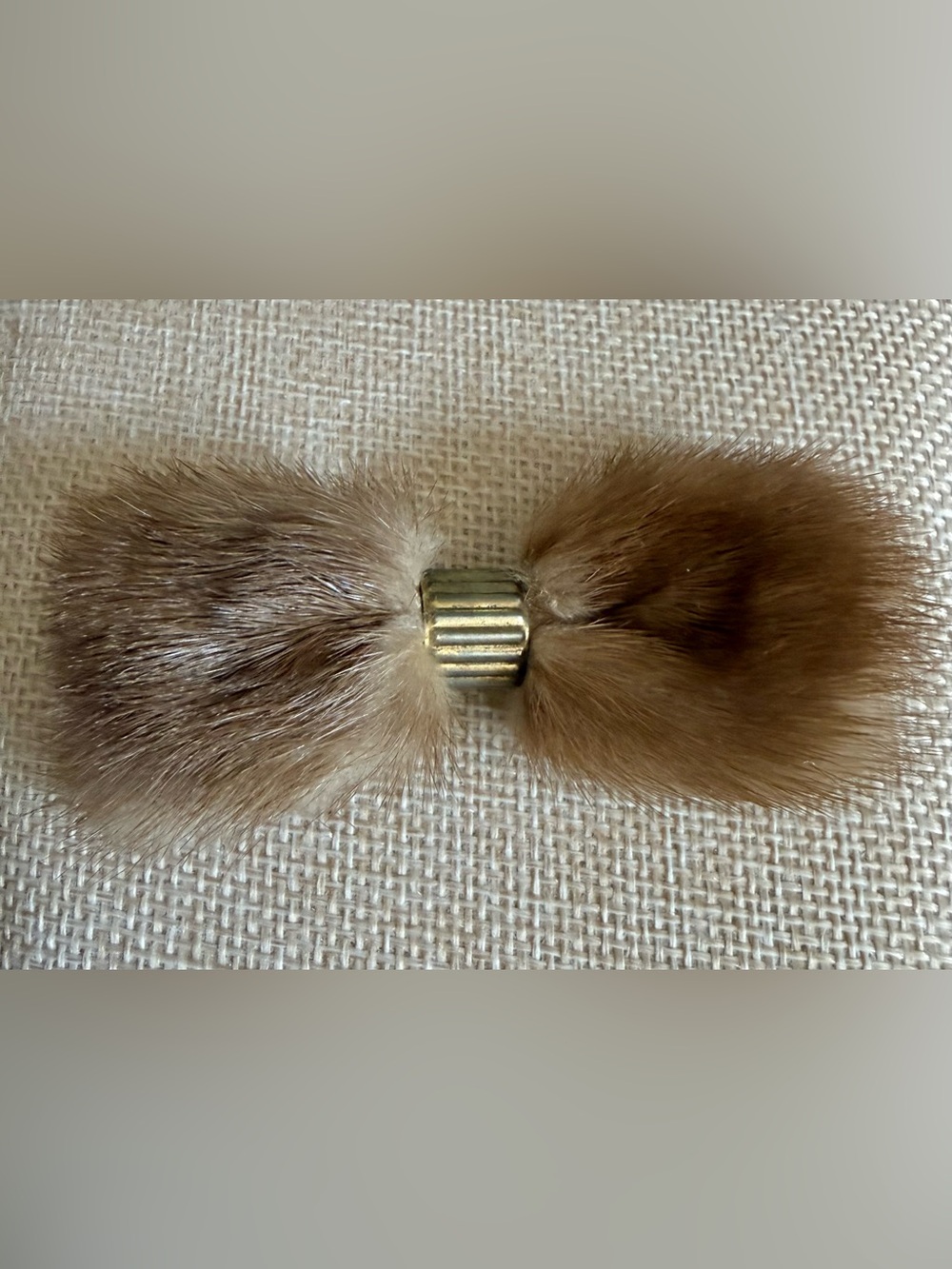 Mink Fur Bow Hair Clip in Light Brown Yan with Gold Accented center - vintage